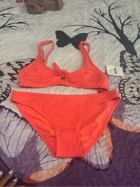 Ribbed Tie-Front Bikini Set in Coral